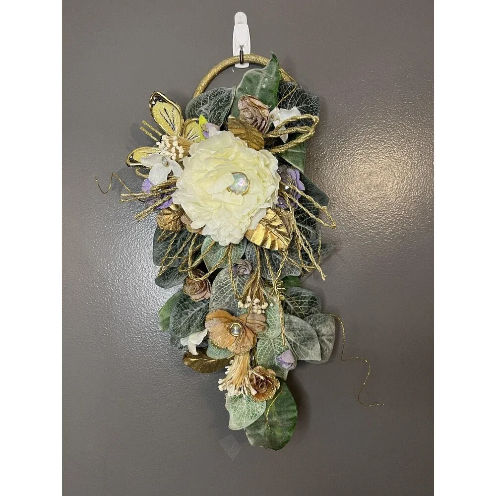 Elegant Floral Wall Hanging Door Swag Decor Faux Flower Gold Accents 21 Inch Art